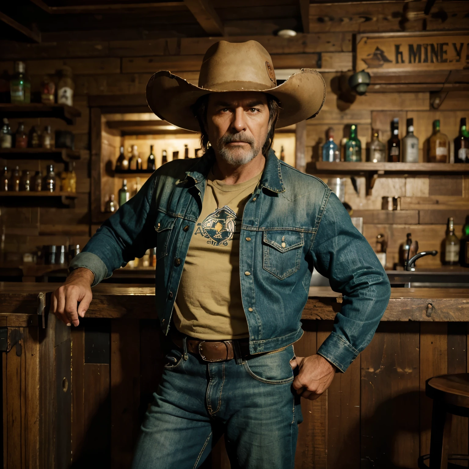 A cowboy alien with green skin and big eyes, wearing a brown cowboy hat, uma jaqueta de couro, denim trousers, botas com esporas e um cinto com coldres. He is leaning against the counter of a rustic bar, segurando um copo de whisky. The bar has a typical Old West decor., com mesas de madeira, cadeiras e uma jukebox no canto. There are other aliens and humans scattered around the place, criando um ambiente animado.

