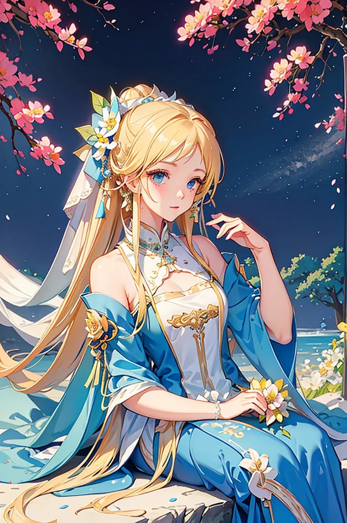 Beautiful girl in wedding dress, Has bright blonde hair on side blades, Wearing a dress decorated with white flowers, She sits in a flower garden full of blue flowers"