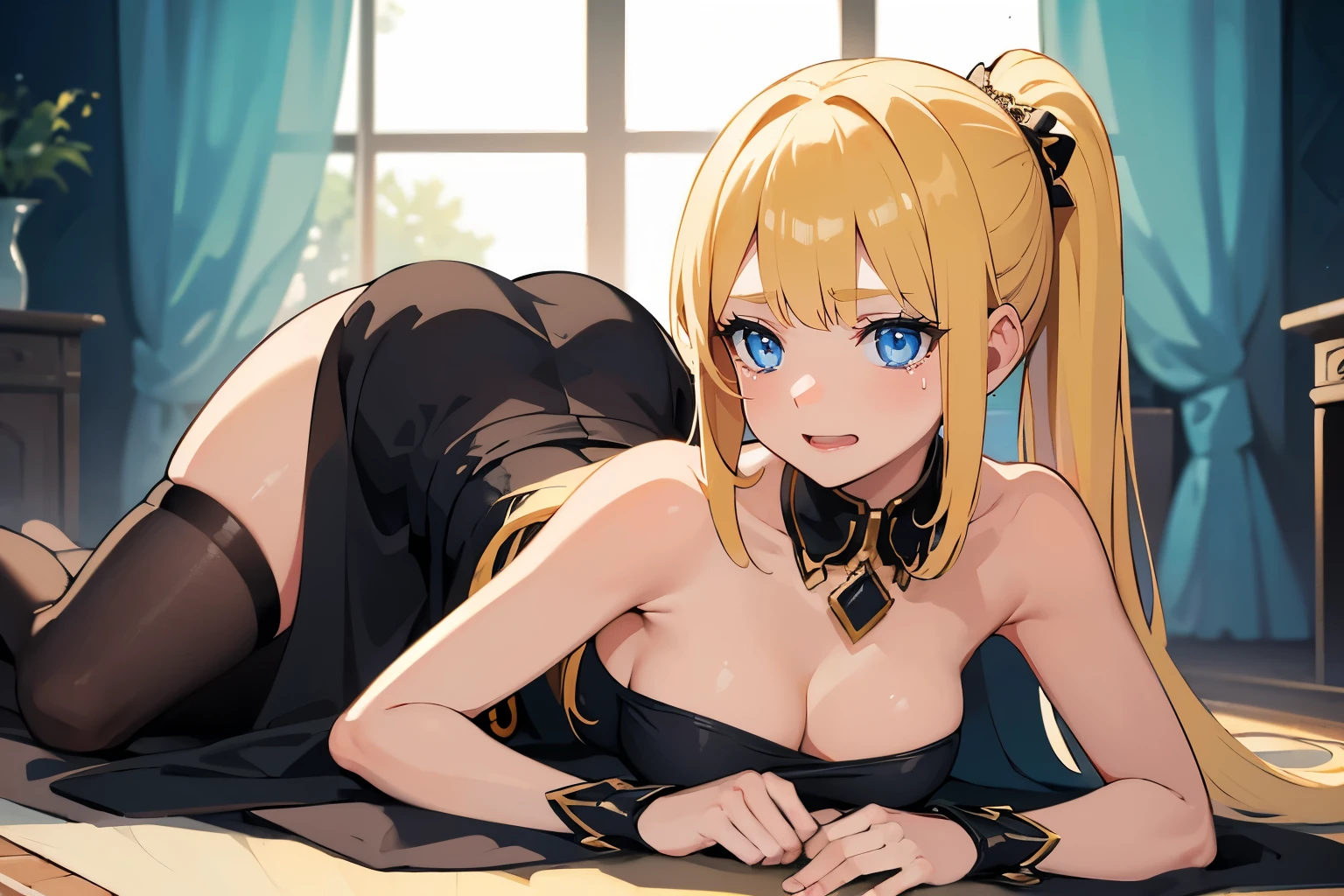 Safe for work, masterpiece, best quality, solo, 1 girl, facing forward, looking at camera, (young female body:1.4), ( medium small breasts), golden yellow hair, extra long hair, blunt bangs, crystal blue eyes, very detailed eyes, castle ballroom background, ponytail, on ground, arched back, strapless dress, long black gown, black dress, pervy smile, kneeling, on her knees, on hands and knees, collar, elbows on ground, leaning forward, spreading legs