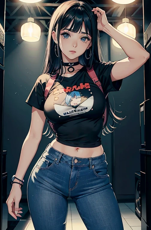 (Hinata Hyuga, muito sensual, com roupas apertadas, bunda grande, pernas grossas, Wearing extremely tight jeans, usando uma mini blusa, umbigo com pirsing, cabelo grande, Speaker behind, muito realista, extremamente sexy, 8k, 8k extremamente detalhado), (um extremamente delicado e bonito), (obra-prima), (melhor qualidade: 1.0), (ultra highres:1.0)