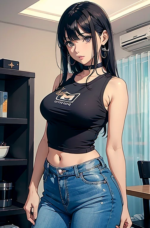 (Hinata Hyuga, muito sensual, com roupas apertadas, bunda grande, pernas grossas, Wearing extremely tight jeans, usando uma mini blusa, umbigo com pirsing, cabelo grande, Speaker behind, muito realista, extremamente sexy, 8k, 8k extremamente detalhado), (um extremamente delicado e bonito), (obra-prima), (melhor qualidade: 1.0), (ultra highres:1.0)