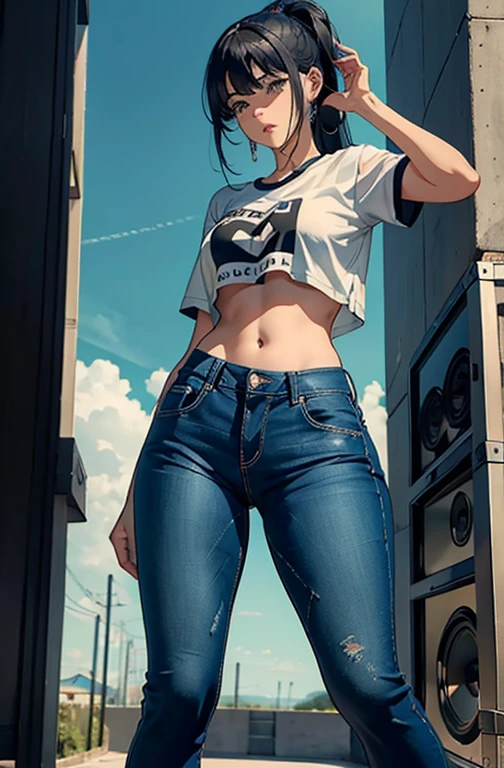 (Hinata Hyuga, muito sensual, com roupas apertadas, bunda grande, pernas grossas, Wearing extremely tight jeans, usando uma mini blusa, umbigo com pirsing, cabelo grande, Speaker behind, muito realista, extremamente sexy, 8k, 8k extremamente detalhado), (um extremamente delicado e bonito), (obra-prima), (melhor qualidade: 1.0), (ultra highres:1.0)