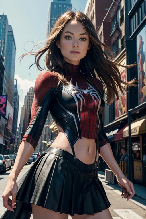 Olivia Wilde、マーベルコミックの映画Poster、so beautiful、Movies about Spider-Man、sexy、whole body、Wearing a skirt、Premiere Date、Poster、belly buttonを突き出す、new york、She&#39;s wearing a ripped Spiderman suit、The suit is torn、Wearing a skirt、Red and black color scheme、dynamic、masterpiece、highest quality、Super detailed、Very detailed、Delicate and beautiful shine、Ultra-high resolution、Cinematic、break、breakドロップ、(Torn clothes:1.5)、(Wet clothes:1.4)、Bare shoulders、Real Rain、Wet Hair、belly button、Exposed Skin、sexyな肩を披露