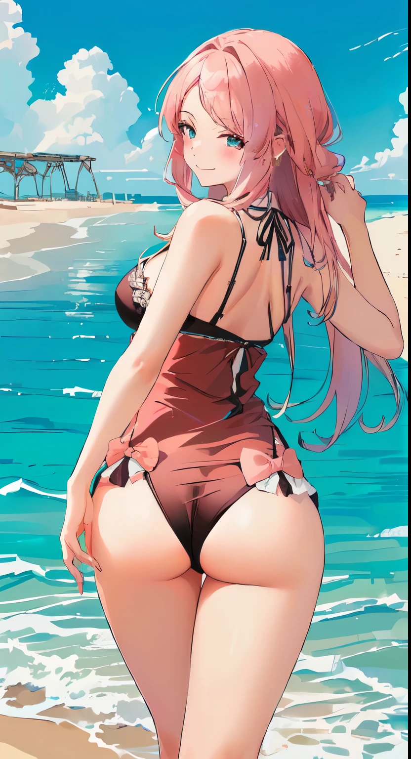 anime girl in bikini standing on the beach with a pier in the background, garota anime sedutora, roupa de banho, roupa de banho, mais bem avaliado no pixiv, is wearing a roupa de banho, no pixiv, linda mulher de anime sedutora, na praia, vencedor do concurso pixiv, Na praia, com vista para a praia, pixiv, em uma praia ensolarada