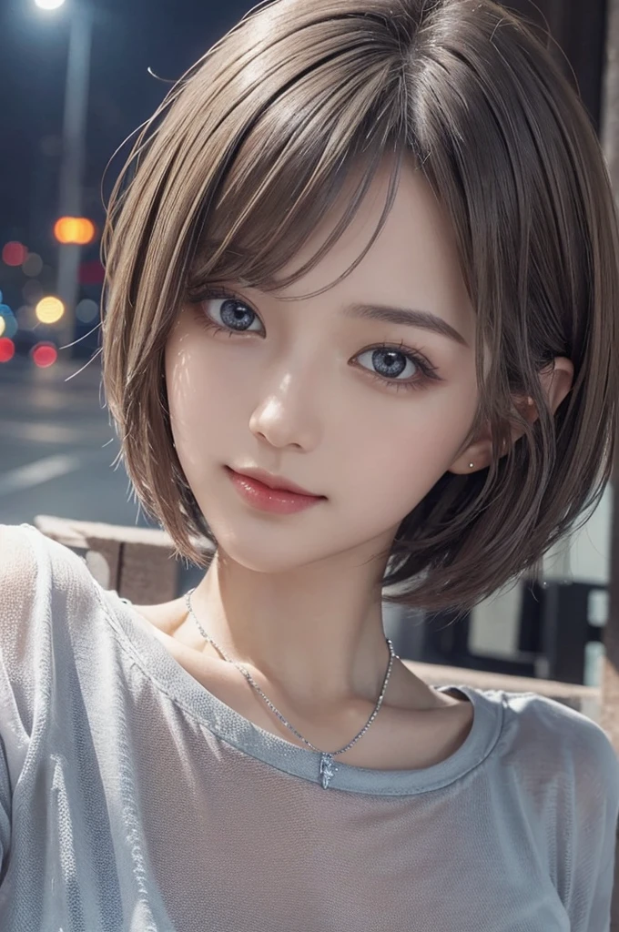 (Surreal) , (Like the picture:1.4),(Increase the resolution), (8k), (Very detailed), (Beautiful and fine details), (highest quality), (Ultra-detailed), (masterpiece), (wallpaper), (Detailed face), solo,1 girl, perfect beautiful japanese woman:1.4、19 years old、Looking at the audience, Subtle details, Detailed face, Cloudy, Deep Shadow, A gentle smile,Short hair silver color mesh,My hair is messy,Looking up,(T-Shirts:1.2),Background is night,Camera angle high angle,Various poses,necklace,Pin on right ear,Attractive face, Medium chest, Dynamic pose,