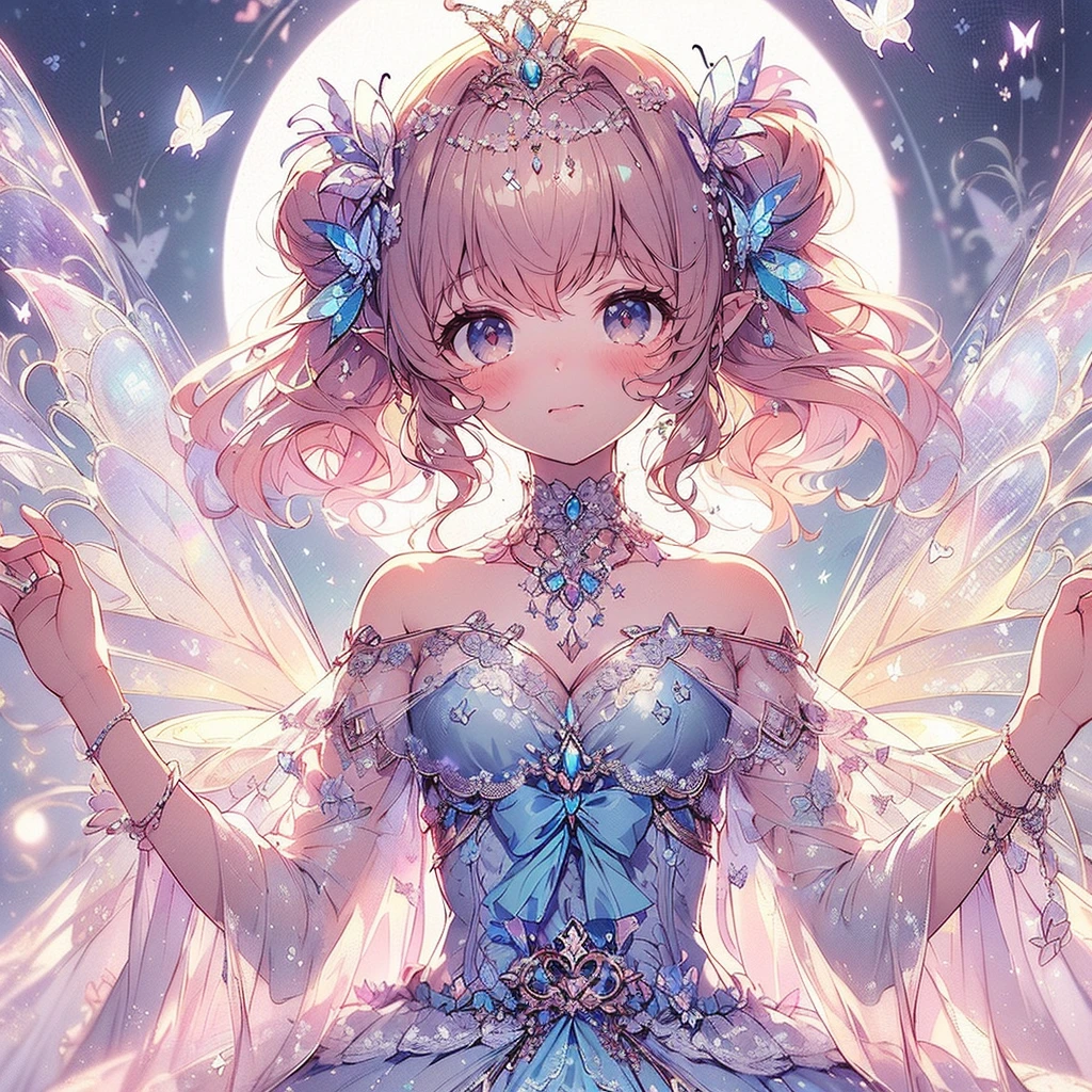 (Exquisite, beautiful, Very detailed, masterpiece, High resolution,high quality,High resolution),(Well-formed face,Soft and thin lines: 1.2, beautiful, Delicate and vivid illustrations with a mature and clear feel), In the middle of the night under the glittering crescent moon, a fairy princess with a clear, delicate, beautiful face and butterfly-like wings is flying happily through the moonlit sky., A vivid starry night with meteors and stars shining in the moonlight,From a little distance,tiara, Star Earrings, Star Necklace,Bracelet,ring,), ((A gorgeous ball gown dress with lots of frills and a moon motif.:1.1, Balloon sleeves, Jewels, ribbons, lace and frills, Butterfly-like fairy wings growing from her back:1.5)), (Adorable,A shy smile,Pale pink blush, Plump pink lips,Beautiful and clear eyes,Large Bust, Fair skin, Good style),Starry sky texture,Vibrant pastel colors,Dreamy and cute fantasy world,Whole body,Colored pencil art