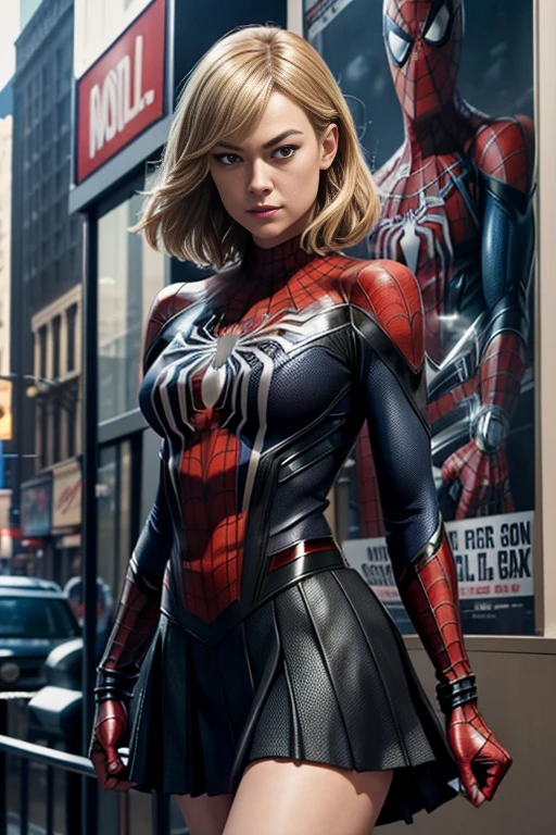 Yvonne Strahovski、マーベルコミックの映画Poster、so beautiful、Movies about Spider-Man、sexy、whole body、Wearing a skirt、Premiere Date、Poster、belly buttonを突き出す、new york、She&#39;s wearing a ripped Spiderman suit、The suit is torn、Wearing a skirt、Red and black color scheme、dynamic、masterpiece、highest quality、Super detailed、Very detailed、Delicate and beautiful shine、Ultra-high resolution、Cinematic、break、breakドロップ、(Torn clothes:1.5)、(Wet clothes:1.4)、Bare shoulders、Real Rain、Wet Hair、belly button、Exposed Skin、sexyな肩を披露