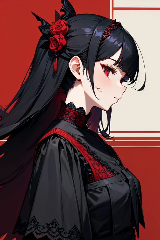 Black and red lace dress、cute、Villainess、head band、profile、Judge the viewer、profileのアップ、Beautiful hair ornaments。