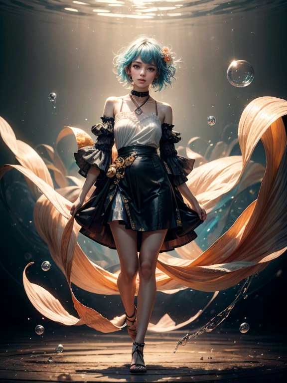 (Masterpiece), (Best Quality), (Super Detail), (disheveled Hair), (Illustration), (One Girl), (Fashionable Clothes), Standing, Fashion Model, Beholder, (Interview), (Simple Background), Finely Beautiful Eyes, Delicate Beautiful Face, Floating, (High Saturation), (Colorful Splash), Colorful Bubble, (Shine), Focus on the Face, Ponytail, Light Blue Hair, Bangs, Hair Rings, Floating Flowers, Floating Hairs, (Shining), Best Lighting, Best Shadows, include colors white orange pearl gold teal, full body camera shot,