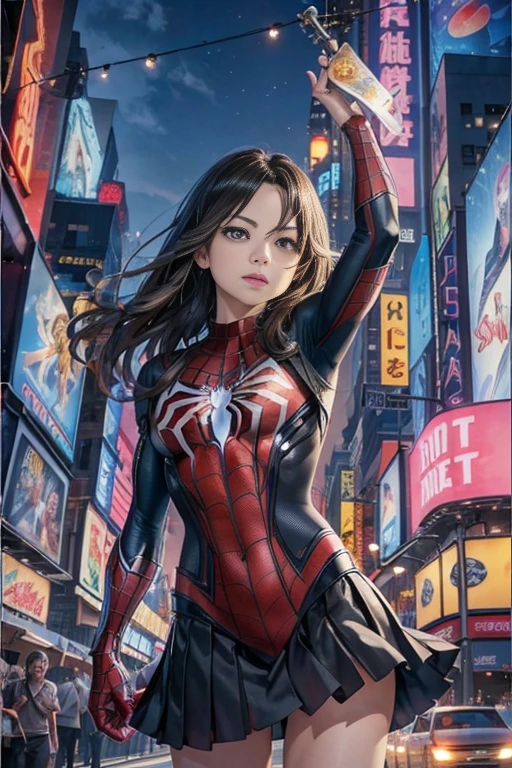 Kristin Kreuk、マーベルコミックの映画Poster、so beautiful、Movies about Spider-Man、sexy、whole body、Wearing a skirt、Premiere Date、Poster、belly buttonを突き出す、new york、She's wearing a ripped Spiderman suit、The suit is torn、Wearing a skirt、Red and black color scheme、dynamic、masterpiece、highest quality、Super detailed、Very detailed、Delicate and beautiful shine、Ultra-high resolution、Cinematic、break、breakドロップ、(Torn clothes:1.5)、(Wet clothes:1.4)、Bare shoulders、Real Rain、Wet Hair、belly button、Exposed Skin、sexyな肩を披露