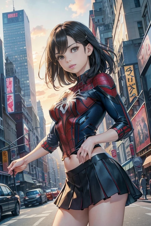 Kristin Kreuk、マーベルコミックの映画Poster、so beautiful、Movies about Spider-Man、sexy、whole body、Wearing a skirt、Premiere Date、Poster、belly buttonを突き出す、new york、She&#39;s wearing a ripped Spiderman suit、The suit is torn、Wearing a skirt、Red and black color scheme、dynamic、masterpiece、highest quality、Super detailed、Very detailed、Delicate and beautiful shine、Ultra-high resolution、Cinematic、break、breakドロップ、(Torn clothes:1.5)、(Wet clothes:1.4)、Bare shoulders、Real Rain、Wet Hair、belly button、Exposed Skin、sexyな肩を披露