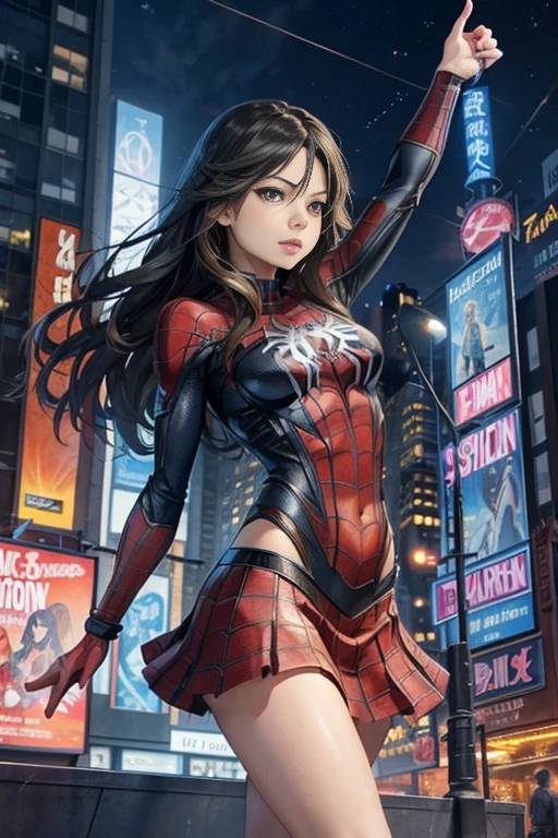 Kristin Kreuk、マーベルコミックの映画Poster、so beautiful、Movies about Spider-Man、sexy、whole body、Wearing a skirt、Premiere Date、Poster、belly buttonを突き出す、new york、She&#39;s wearing a ripped Spiderman suit、The suit is torn、Wearing a skirt、Red and black color scheme、dynamic、masterpiece、highest quality、Super detailed、Very detailed、Delicate and beautiful shine、Ultra-high resolution、Cinematic、break、breakドロップ、(Torn clothes:1.5)、(Wet clothes:1.4)、Bare shoulders、Real Rain、Wet Hair、belly button、Exposed Skin、sexyな肩を披露