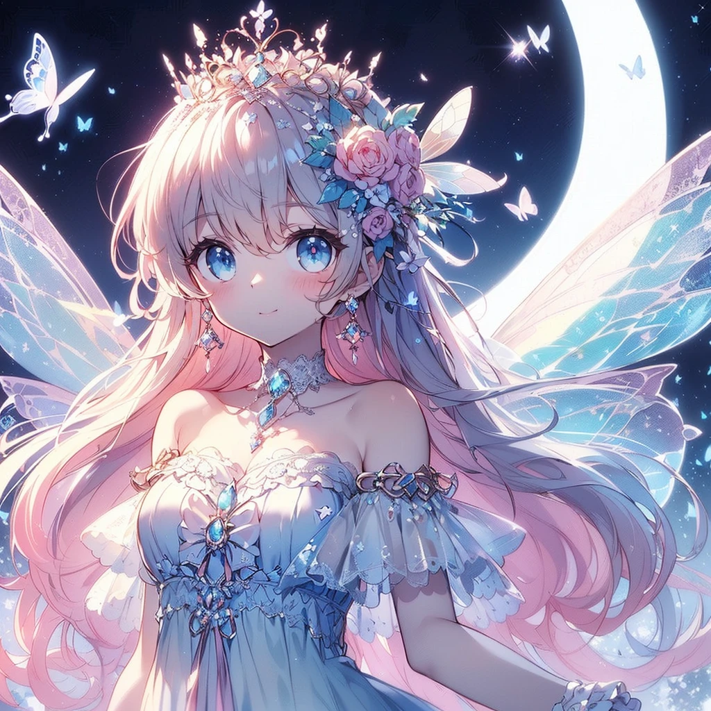 (Exquisite, beautiful, Very detailed, masterpiece, High resolution,high quality,High resolution),(Well-formed face,Soft and thin lines: 1.2, beautiful, Delicate and vivid illustrations with a mature and clear feel), In the middle of the night under the glittering crescent moon, a fairy princess with a clear, delicate, beautiful face and butterfly-like wings is flying happily through the moonlit sky., A vivid starry night with meteors and stars shining in the moonlight,From a little distance,tiara, Star Earrings, Star Necklace,Bracelet,ring,), ((A gorgeous ball gown dress with lots of frills and a moon motif.:1.1, Balloon sleeves, Jewels, ribbons, lace and frills, Butterfly-like fairy wings growing from her back:1.5)), (Adorable,A shy smile,Pale pink blush, Plump pink lips,Beautiful and clear eyes,Large Bust, Fair skin, Good style),Starry sky texture,Vibrant pastel colors,Dreamy and cute fantasy world,Whole body,Colored pencil art