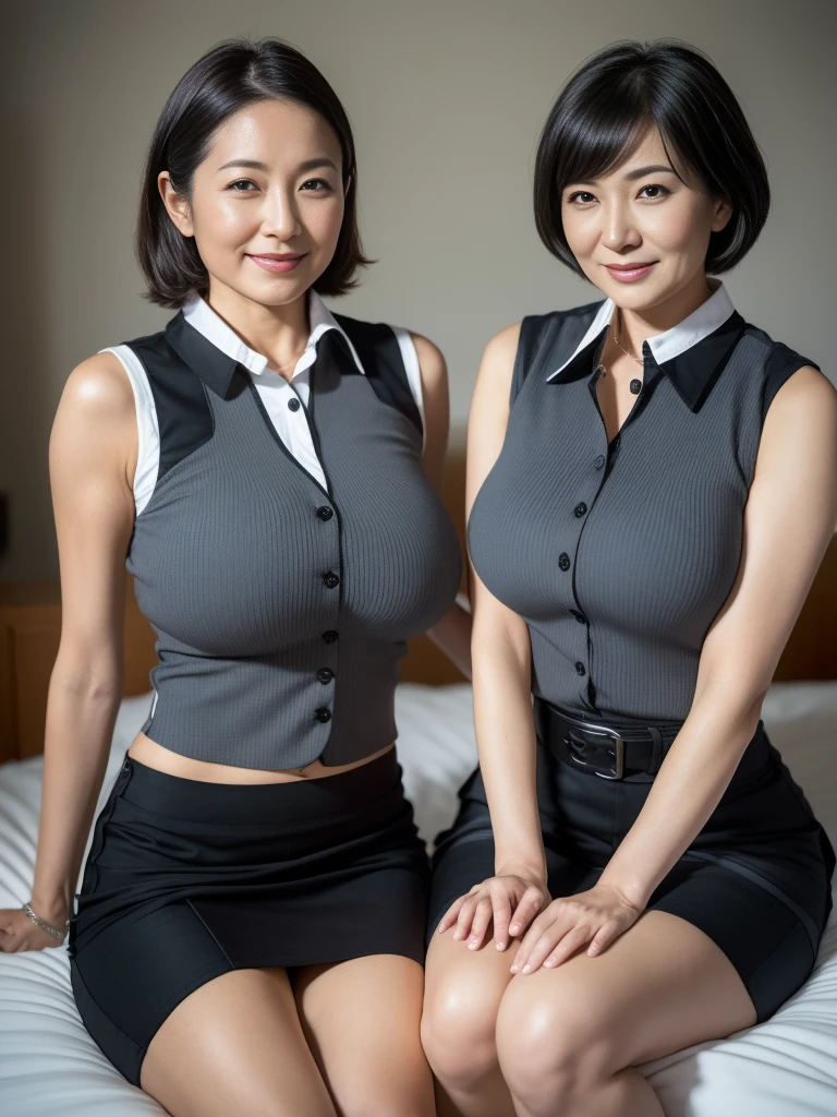 masterpiece,highest quality,(Seductive saleswoman:1),((whole body:1.3)),(Two Mature Women:1.3),(Sitting on the bed:1.3),smile,(Sleeveless black business attire with white buttoned collar:1.3),(Grey short tight skirt with slits:1.3),Hyper detail on skin,Cleans pores,Stick your butt out,(Beautiful Japanese Mature), (45 years old), Perfect Face, Looks great, (Detailed features), Clean and nice face,(Big Breasts:1.6)