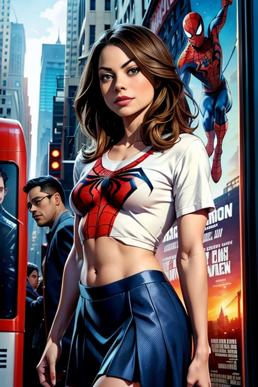 Kristin Kreuk、マーベルコミックの映画Poster、so beautiful、Movies about Spider-Man、sexy、whole body、Wearing a skirt、Premiere Date、Poster、belly buttonを突き出す、new york、She&#39;s wearing a ripped Spiderman suit、The suit is torn、Wearing a skirt、Red and black color scheme、dynamic、masterpiece、highest quality、Super detailed、Very detailed、Delicate and beautiful shine、Ultra-high resolution、Cinematic、break、breakドロップ、(Torn clothes:1.5)、(Wet clothes:1.4)、Bare shoulders、Real Rain、Wet Hair、belly button、Exposed Skin、sexyな肩を披露