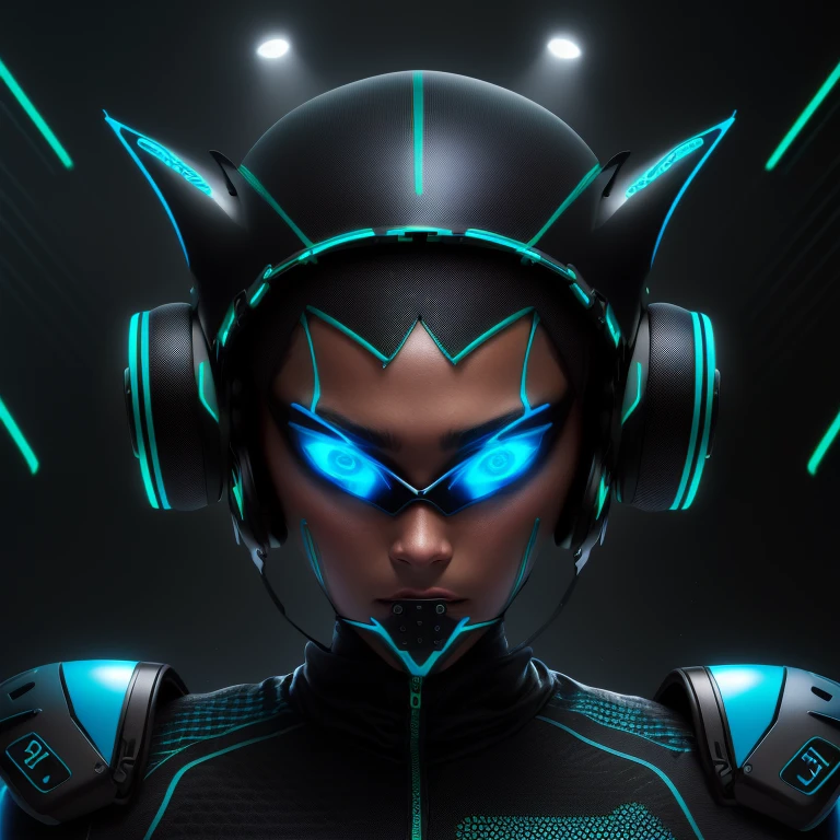 Casco futurista, negro contorno azul, lentes verde claro,demon ears integrated into it without great distribution, running oxygen tee bottom