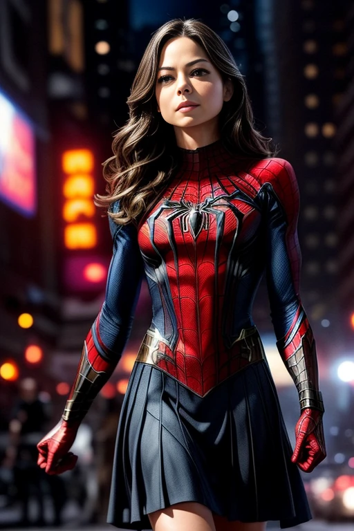 Kristin Kreuk、マーベルコミックの映画Poster、so beautiful、Movies about Spider-Man、sexy、whole body、Wearing a skirt、Premiere Date、Poster、belly buttonを突き出す、new york、She&#39;s wearing a ripped Spiderman suit、The suit is torn、Wearing a skirt、Red and black color scheme、dynamic、masterpiece、highest quality、Super detailed、Very detailed、Delicate and beautiful shine、Ultra-high resolution、Cinematic、break、breakドロップ、(Torn clothes:1.5)、(Wet clothes:1.4)、Bare shoulders、Real Rain、Wet Hair、belly button、Exposed Skin、sexyな肩を披露