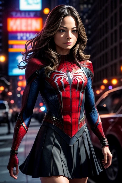 Kristin Kreuk、マーベルコミックの映画Poster、so beautiful、Movies about Spider-Man、sexy、whole body、Wearing a skirt、Premiere Date、Poster、belly buttonを突き出す、new york、She&#39;s wearing a ripped Spiderman suit、The suit is torn、Wearing a skirt、Red and black color scheme、dynamic、masterpiece、highest quality、Super detailed、Very detailed、Delicate and beautiful shine、Ultra-high resolution、Cinematic、break、breakドロップ、(Torn clothes:1.5)、(Wet clothes:1.4)、Bare shoulders、Real Rain、Wet Hair、belly button、Exposed Skin、sexyな肩を披露