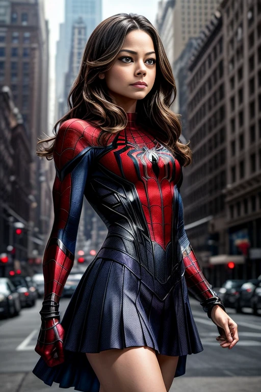 Kristin Kreuk、マーベルコミックの映画Poster、so beautiful、Movies about Spider-Man、sexy、whole body、Wearing a skirt、Premiere Date、Poster、belly buttonを突き出す、new york、She&#39;s wearing a ripped Spiderman suit、The suit is torn、Wearing a skirt、Red and black color scheme、dynamic、masterpiece、highest quality、Super detailed、Very detailed、Delicate and beautiful shine、Ultra-high resolution、Cinematic、break、breakドロップ、(Torn clothes:1.5)、(Wet clothes:1.4)、Bare shoulders、Real Rain、Wet Hair、belly button、Exposed Skin、sexyな肩を披露