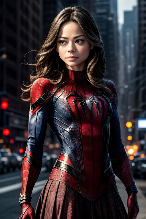 Kristin Kreuk、マーベルコミックの映画Poster、so beautiful、Movies about Spider-Man、sexy、whole body、Wearing a skirt、Premiere Date、Poster、belly buttonを突き出す、new york、She&#39;s wearing a ripped Spiderman suit、The suit is torn、Wearing a skirt、Red and black color scheme、dynamic、masterpiece、highest quality、Super detailed、Very detailed、Delicate and beautiful shine、Ultra-high resolution、Cinematic、break、breakドロップ、(Torn clothes:1.5)、(Wet clothes:1.4)、Bare shoulders、Real Rain、Wet Hair、belly button、Exposed Skin、sexyな肩を披露