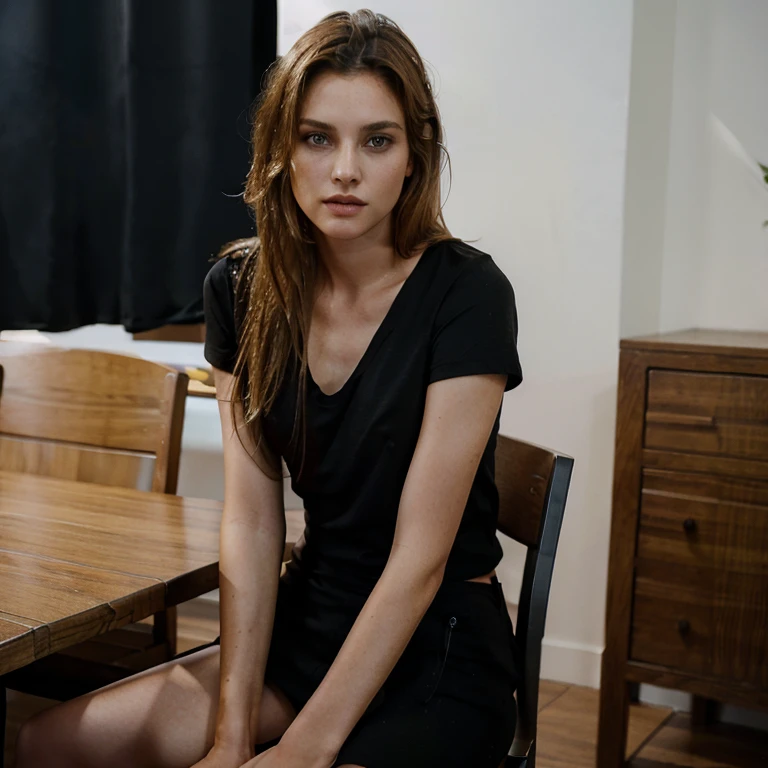 Female supermodel stands on a chair and wears a black T-shirt and bl