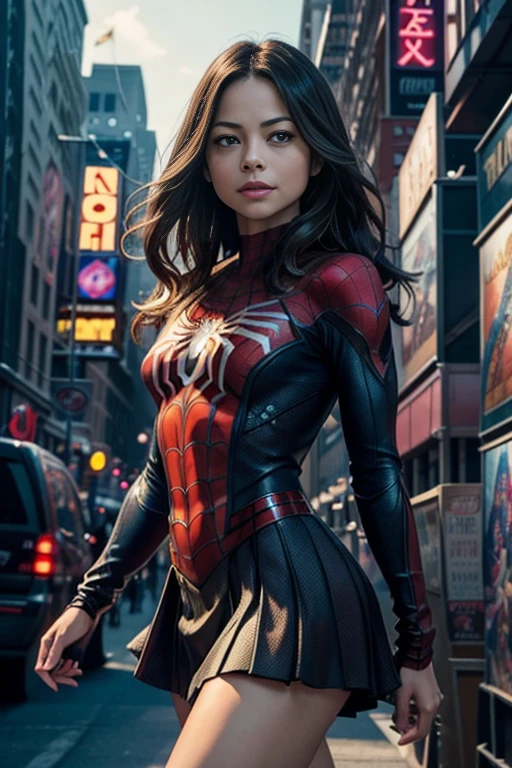 Kristin Kreuk、マーベルコミックの映画Poster、so beautiful、Movies about Spider-Man、sexy、whole body、Wearing a skirt、Premiere Date、Poster、belly buttonを突き出す、new york、She's wearing a ripped Spiderman suit、The suit is torn、Wearing a skirt、Red and black color scheme、dynamic、masterpiece、highest quality、Super detailed、Very detailed、Delicate and beautiful shine、Ultra-high resolution、Cinematic、break、breakドロップ、(Torn clothes:1.5)、(Wet clothes:1.4)、Bare shoulders、Real Rain、Wet Hair、belly button、Exposed Skin、sexyな肩を披露