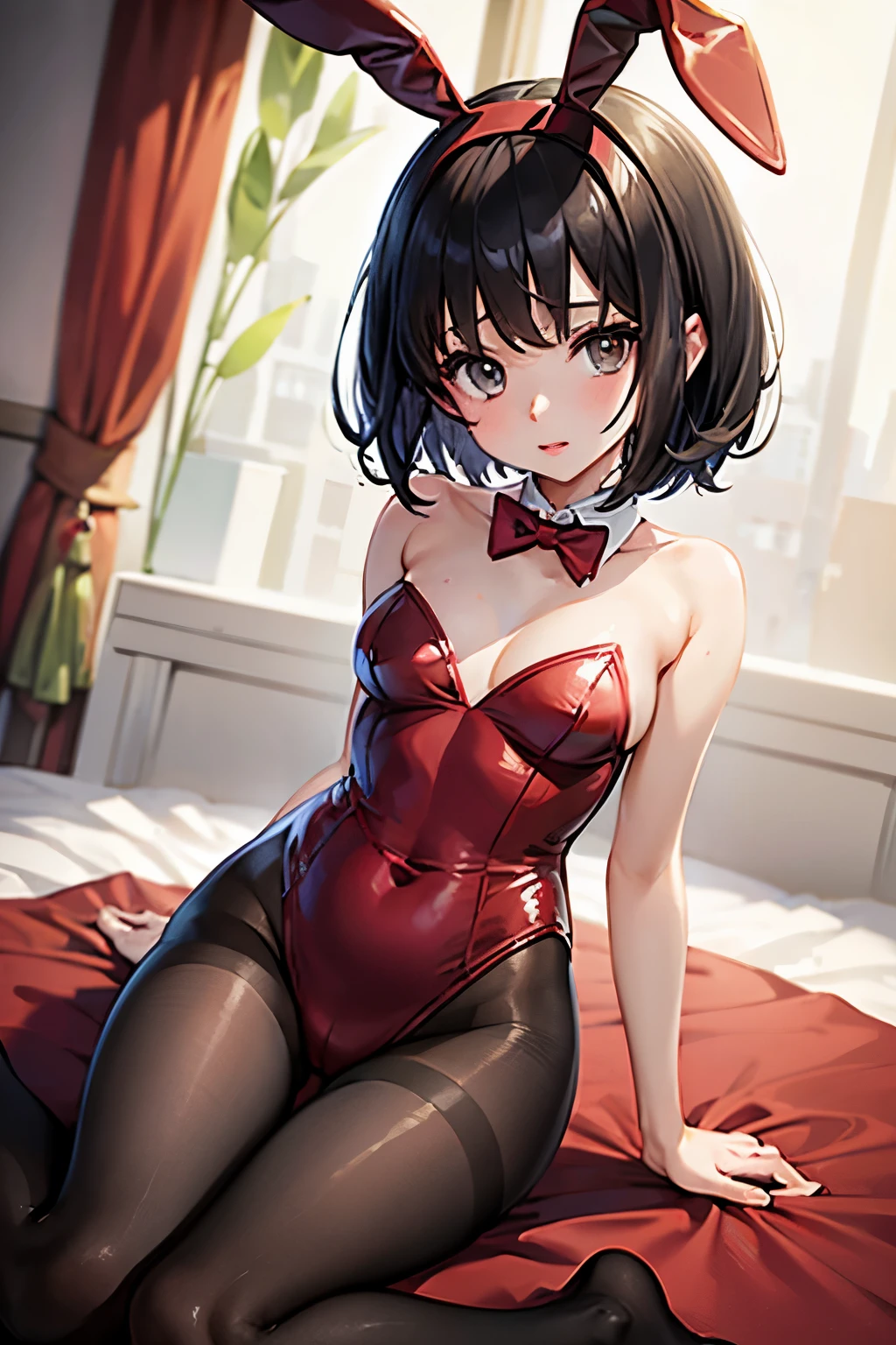 Erica、Pokémon、Black Hair、Short Hair、((pantyhose))、Photo from below、Medium chest、Bedroom、One girl、Bunny Ears、Red ribbon on head、((Bunny girl))、(leotard)、(Poop sitting)