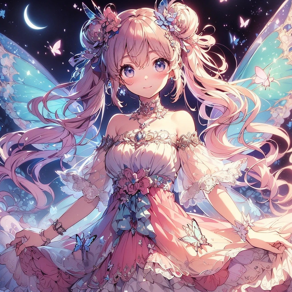 (Exquisite, beautiful, Very detailed, masterpiece, High resolution,high quality,High resolution),(Well-formed face,Soft and thin lines: 1.2, beautiful, Delicate and vivid illustrations with a mature and clear feel), In the middle of the night under the glittering crescent moon, a fairy princess with a clear, delicate, beautiful face and butterfly-like wings is flying happily through the moonlit sky., A vivid starry night with meteors and stars shining in the moonlight,From a little distance,tiara, Star Earrings, Star Necklace,Bracelet,ring,), ((A gorgeous ball gown dress with lots of frills and a moon motif.:1.1, Balloon sleeves, Jewels, ribbons, lace and frills, Butterfly-like fairy wings growing from her back:1.5)), (Adorable,A shy smile,Pale pink blush, Plump pink lips,Beautiful and clear eyes,Large Bust, Fair skin, Good style),Starry sky texture,Vibrant pastel colors,Dreamy and cute fantasy world,Whole body,Colored pencil art