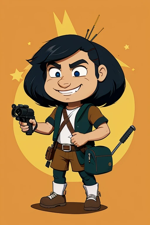 garoto de mochila a jato, com arma cosmica, cartoon