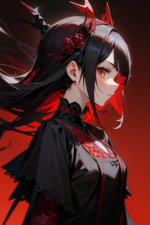 Black and red lace dress、cute、Villainess、head band、profile、Judge the viewer、profileのアップ、Beautiful hair ornaments、front、Watch the viewer、