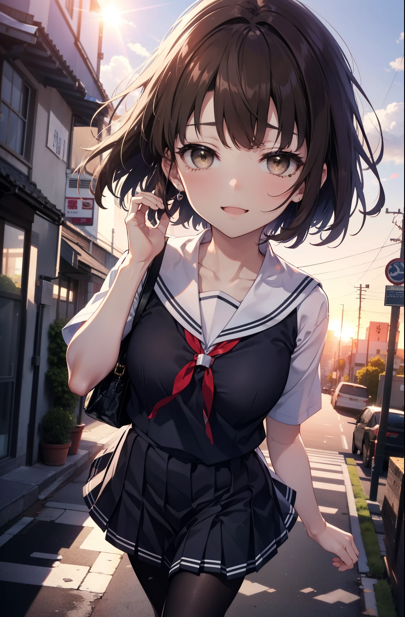 katoumegumi, megumi katou, Brown Hair, short hair, (Brown eyes:1.5),happy smile, smile, Open your mouth,Medium chest,Japanese girl(Black Sailor Suit),Short sleeve,Black pleated skirt,Gray pantyhose,Brown Loafers,walk,morning,morning陽,The sun is rising,whole bodyがイラストに入るように,walk,Looking down from above,
break outdoors, city,Area,
break looking at viewer, whole body,
break (masterpiece:1.2), highest quality, High resolution, unity 8k wallpaper, (shape:0.8), (Beautiful details:1.6), Highly detailed face, Perfect lighting, Highly detailed CG, (Perfect hands, Perfect Anatomy),