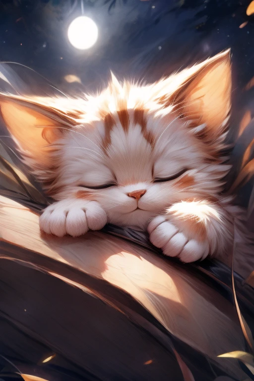 Cute cat, sleeping, , soft glow light, sharp focus, 32k