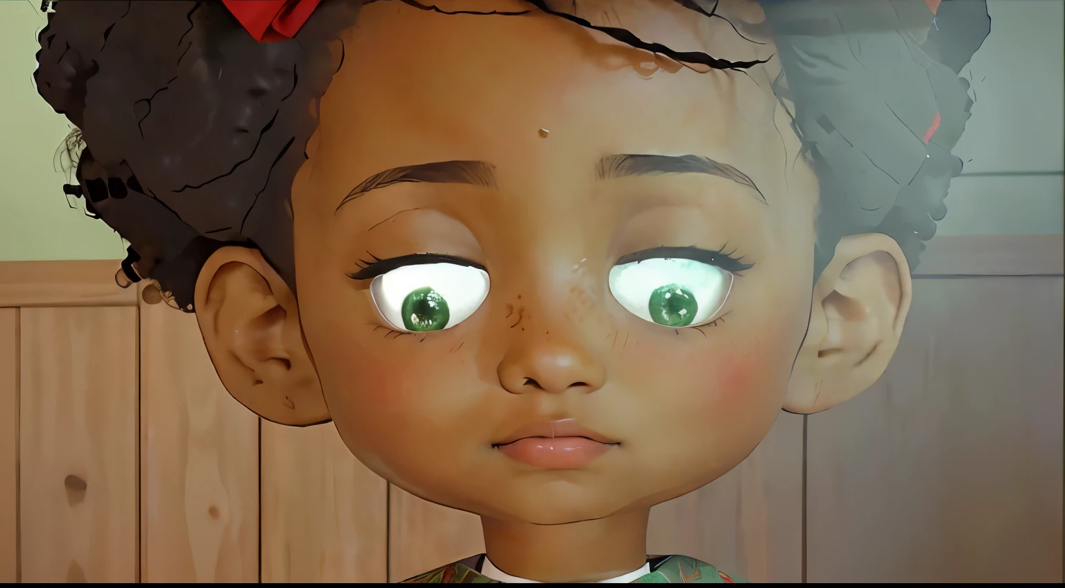 Realistic scene with a little black girl with curly afro hair having a red bow on the right side of her hair, dressed in a green sweater adorned with a festive red pattern. The setting is intimate, with wooden panels softly blurred in the background, suggesting a comfortable, indoor space. Looking downward with a slightly concern expression.
