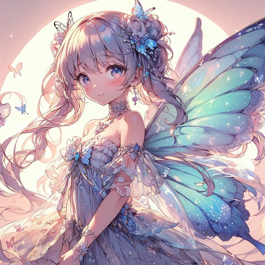 (Exquisite, beautiful, Very detailed, masterpiece, High resolution,high quality,High resolution),(Well-formed face,Soft and thin lines: 1.2, beautiful, Delicate and vivid illustrations with a mature and clear feel), In the middle of the night under the glittering crescent moon, a fairy princess with a clear, delicate, beautiful face and butterfly-like wings is flying happily through the moonlit sky., A vivid starry night with meteors and stars shining in the moonlight,From a little distance,tiara, Star Earrings, Star Necklace,Bracelet,ring,), ((A gorgeous ball gown dress with lots of frills and a moon motif.:1.1, Balloon sleeves, Jewels, ribbons, lace and frills, Butterfly-like fairy wings growing from her back:1.5)), (Adorable,A shy smile,Pale pink blush, Plump pink lips,Beautiful and clear eyes,Large Bust, Fair skin, Good style),Starry sky texture,Vibrant pastel colors,Dreamy and cute fantasy world,Whole body,Colored pencil art