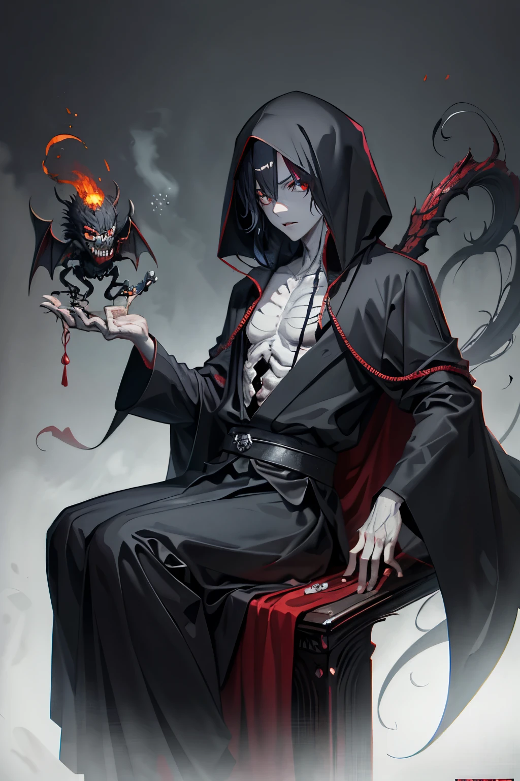 daemon, infected with mushrooms, cutting your skin, drinks alcohol, flowing down his body and mixing with the blood on the floor.