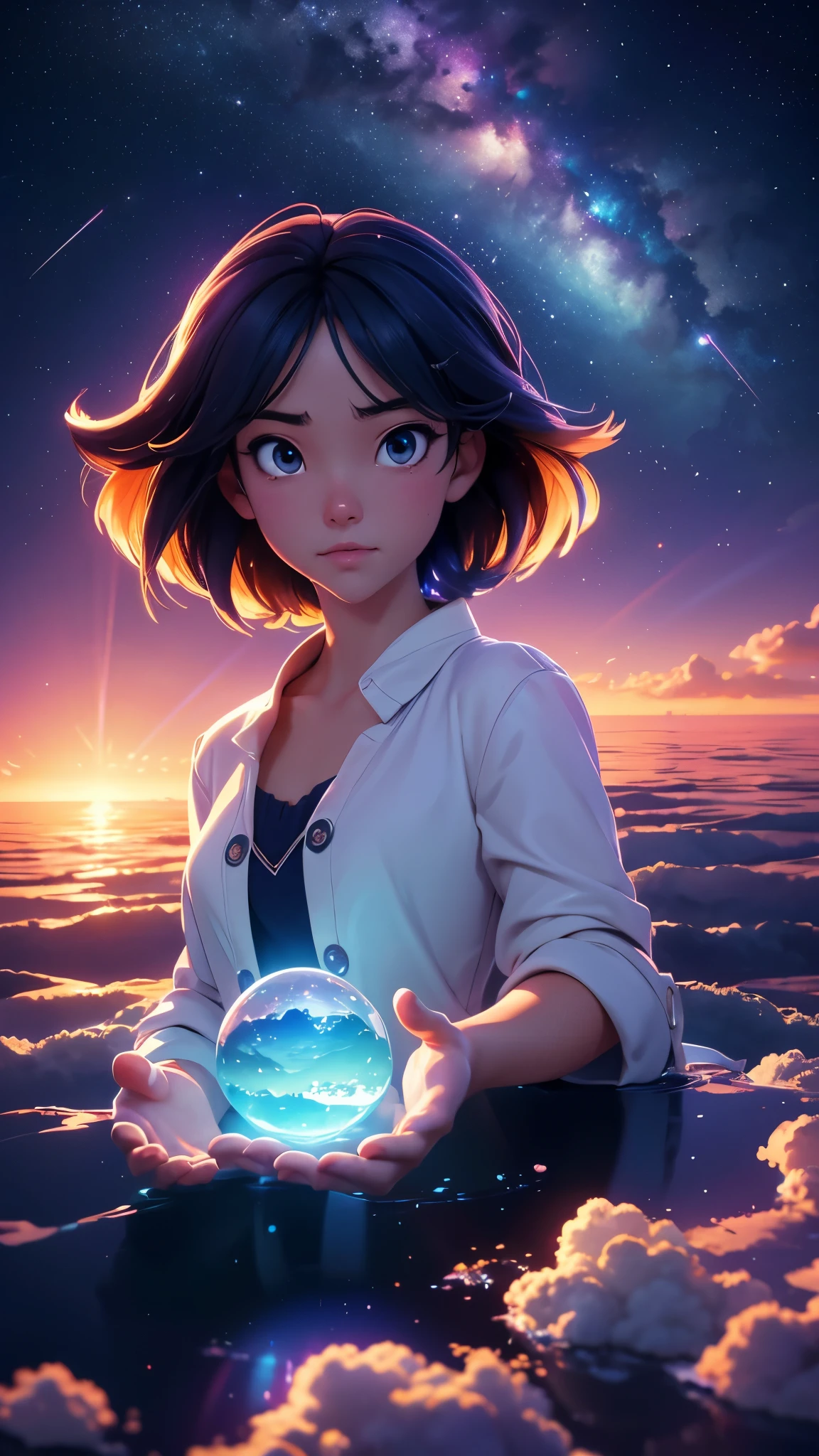 1 girl, eye, close up, beautiful night sky, meteor shower, beyond the clouds, water surrounded, reflections, wide angels, breathtaking clouds, wide angle, by makoto shinkai, thomas kinkade, james gilleard, by holosomnialandscape, hdr, volumetric lighting, ray tracing, an intricate, high details, very detailed, deviantart, 4k vertical wallpaper,, colorful, airy, anime illustration, anime nature wallpaper