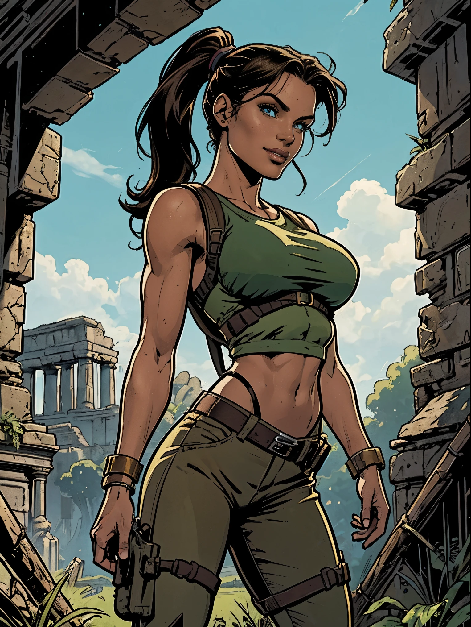 (masterpiece, top quality, best quality, official art, beautiful and aesthetic:1.2), (1girl:1.3), brown hair, ponytail, extremely detailed, portrait, looking at viewer, solo, (full body:0.6), detailed background, close up, mischievous eyes, (cool Incan ruins theme:1.1), pleasant smile, brunette, aquiline nose, green eyes, ponytail, ((gigantic breasts)), (thin), athletic, Lara Croft. Wearing a sleek light blue sleeveless top, brown shorts, boots, shoulder harness, backpack, holsters, utility belt, slim waist, slim hips, long legs, ancient (jungle ruins exterior:1.1) detailed background, bright optimistic lighting, shadows, magical atmosphere, dutch angle