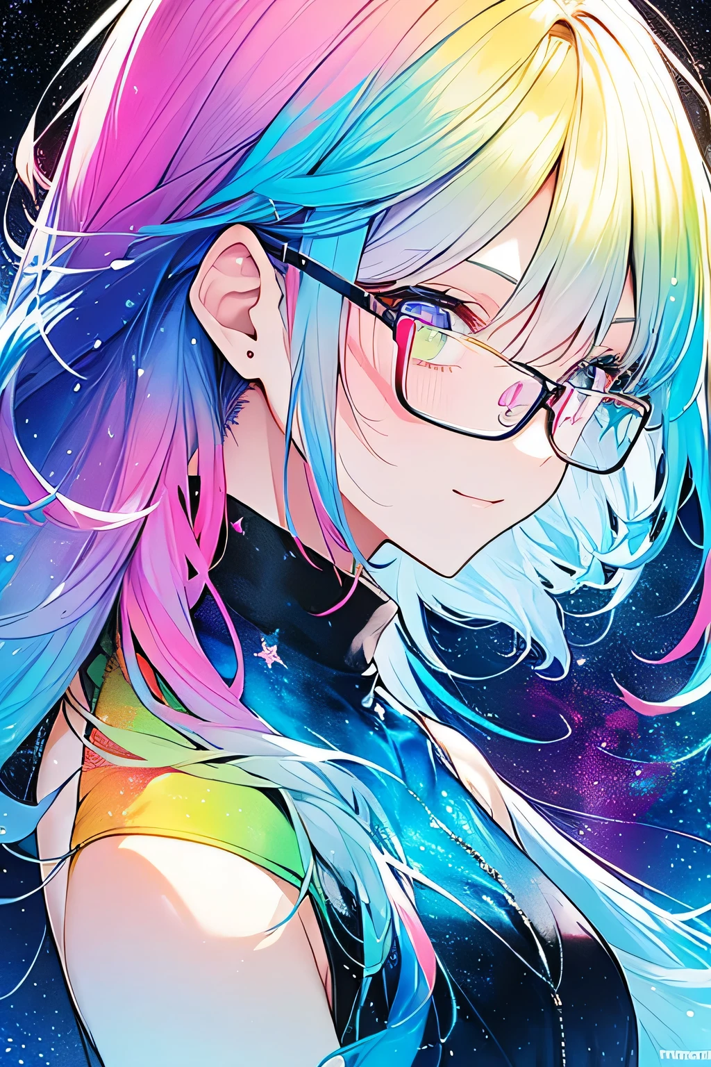 (Masterpiece, Top Quality, Best Quality, Watercolor (Medium), Official Art, Beautiful and Aesthetic: 1.2), (1 Girl: 1.3), (Fractal Art: 1.3), Upper Body, From the Side, Watching the Viewer, Pattern, (Iridescent Hair, Colorful Hair, Half Blue and Half Pink Hair: 1.2), Water, Liquid, Clouds, Colorful, Starry Sky, Stars, Smile, Glasses, Close-up, Heterochromia, (Colorful: 1.5), Light Painting