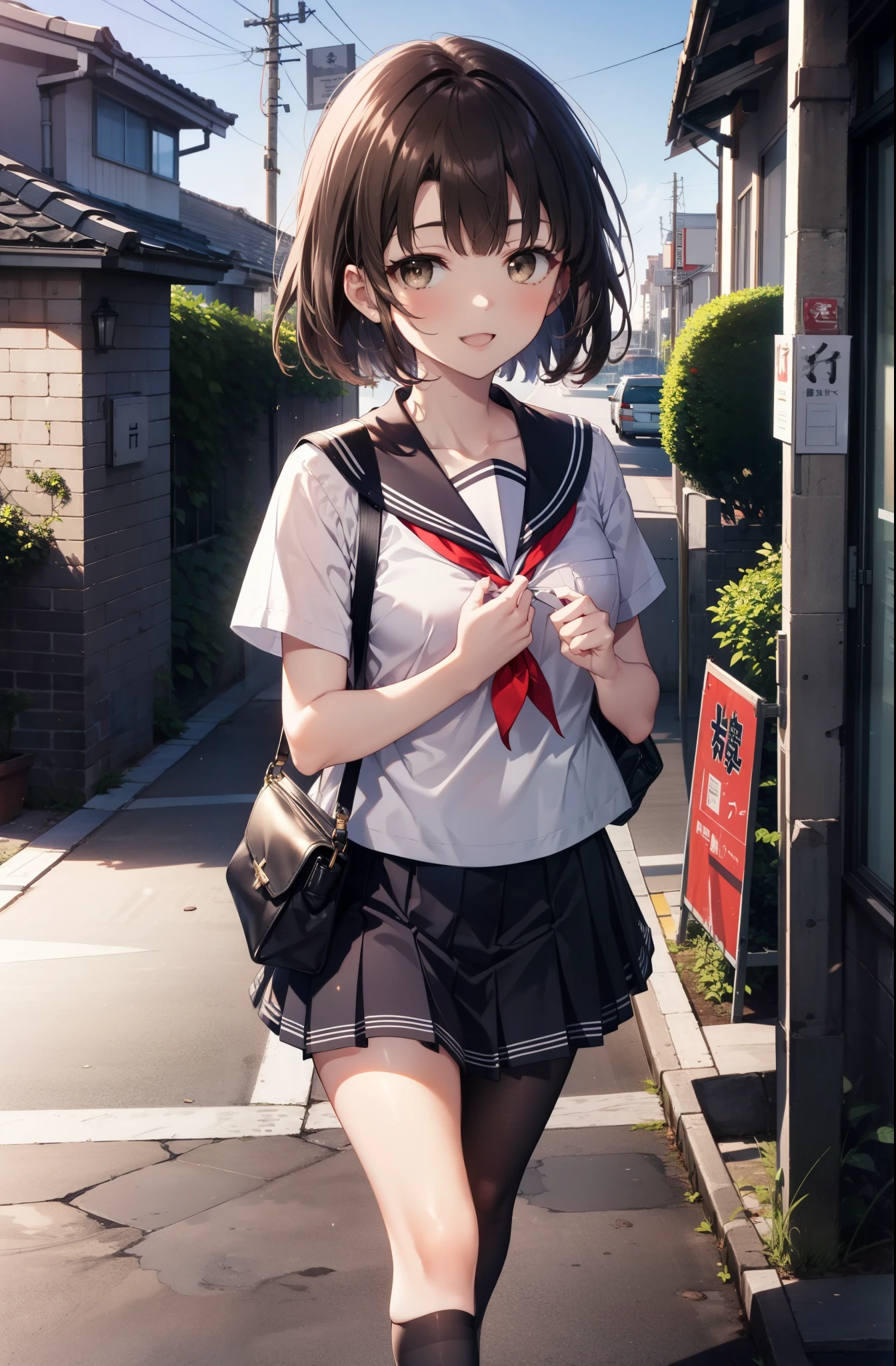 katoumegumi, megumi katou, Brown Hair, short hair, (Brown eyes:1.5),happy smile, smile, Open your mouth,Medium chest,Japanese schoolgirl(Black Sailor Suit),Short sleeve,Black pleated skirt,Gray pantyhose,Brown Loafers,walk,morning,morning陽,The sun is rising,whole bodyがイラストに入るように,walk,Looking down from above,
break outdoors, city,Area,
break looking at viewer, whole body,
break (masterpiece:1.2), highest quality, High resolution, unity 8k wallpaper, (shape:0.8), (Beautiful details:1.6), Highly detailed face, Perfect lighting, Highly detailed CG, (Perfect hands, Perfect Anatomy),