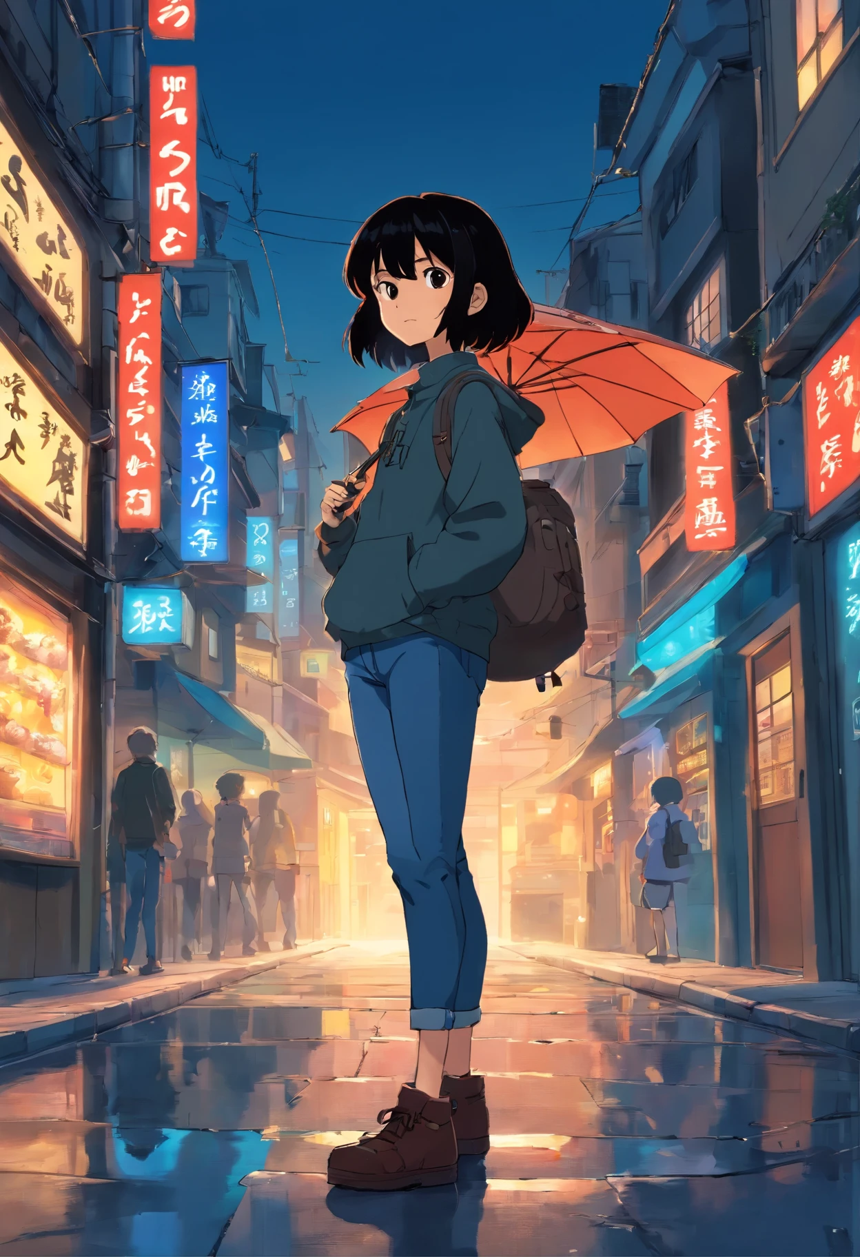 Personagem negro de 20 anos,com asas, com cabelo preto curto liso. Usa capuz preto e jeans. Usa celular preto com tela grande e adesivo de hacker. It's standing on a dark street, olhando para o celular, ((estilo anime)), (Estilo anime), ((anime))