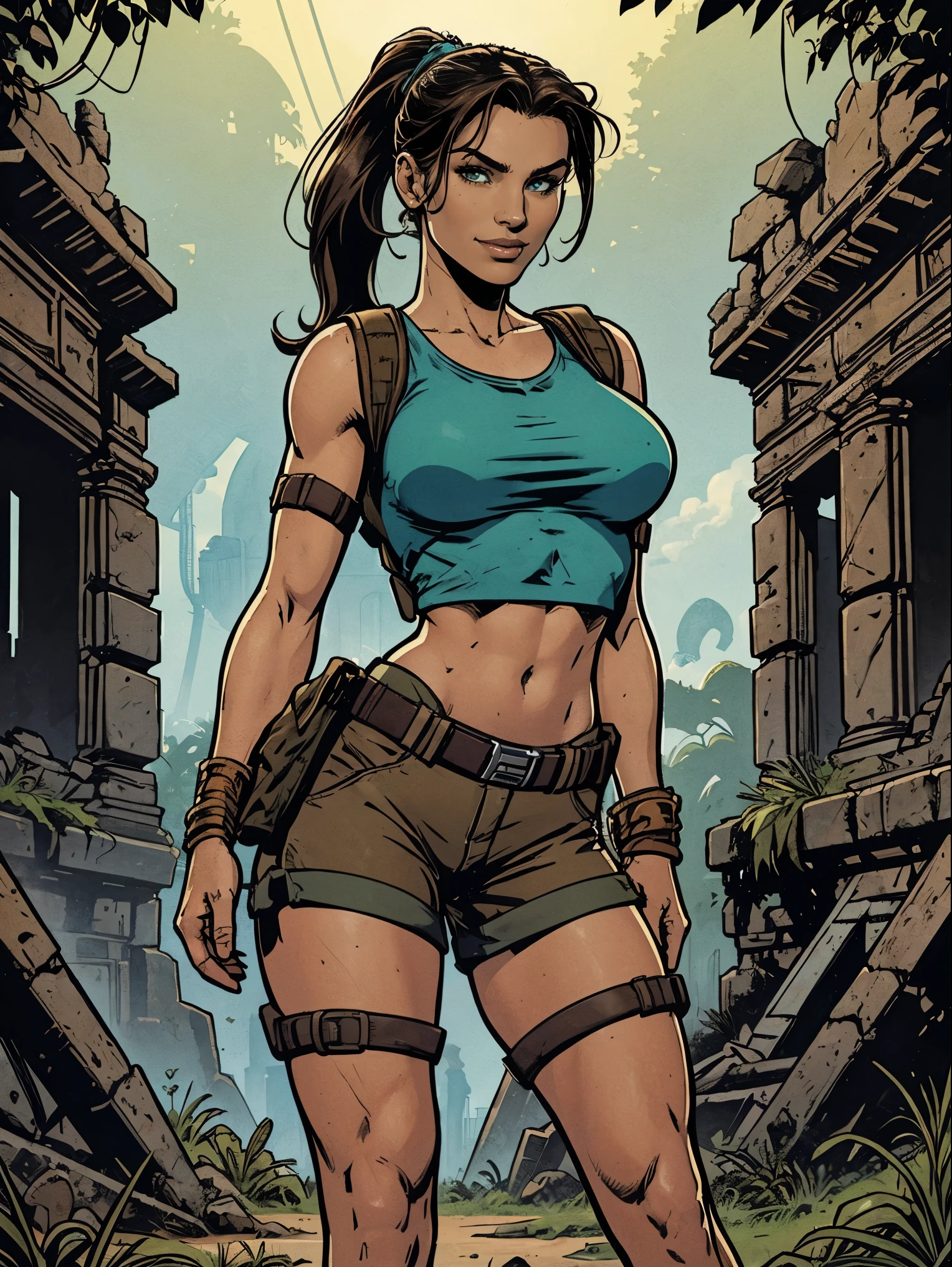 (masterpiece, top quality, best quality, official art, beautiful and aesthetic:1.2), (1girl:1.3), brown hair, ponytail, extremely detailed, portrait, looking at viewer, solo, (full body:0.6), detailed background, close up, mischievous eyes, (cool Incan ruins theme:1.1), pleasant smile, brunette, aquiline nose, green eyes, ponytail, ((gigantic breasts)), (thin), athletic, Lara Croft. Wearing a sleek light blue sleeveless top, brown shorts, boots, shoulder harness, backpack, holsters, utility belt, slim waist, slim hips, long legs, ancient (jungle ruins exterior:1.1) detailed background, bright optimistic lighting, shadows, magical atmosphere, dutch angle