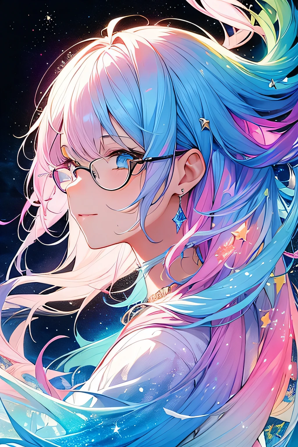 (Masterpiece, Top Quality, Best Quality, Watercolor (Medium), Official Art, Beautiful and Aesthetic: 1.2), (1 Girl: 1.3), (Fractal Art: 1.3), Upper Body, From the Side, Watching the Viewer, Pattern, (Iridescent Hair, Colorful Hair, Half Blue and Half Pink Hair: 1.2), Water, Liquid, Clouds, Colorful, Starry Sky, Stars, Smile, Glasses, Close-up, Heterochromia, (Colorful: 1.5), Light Painting