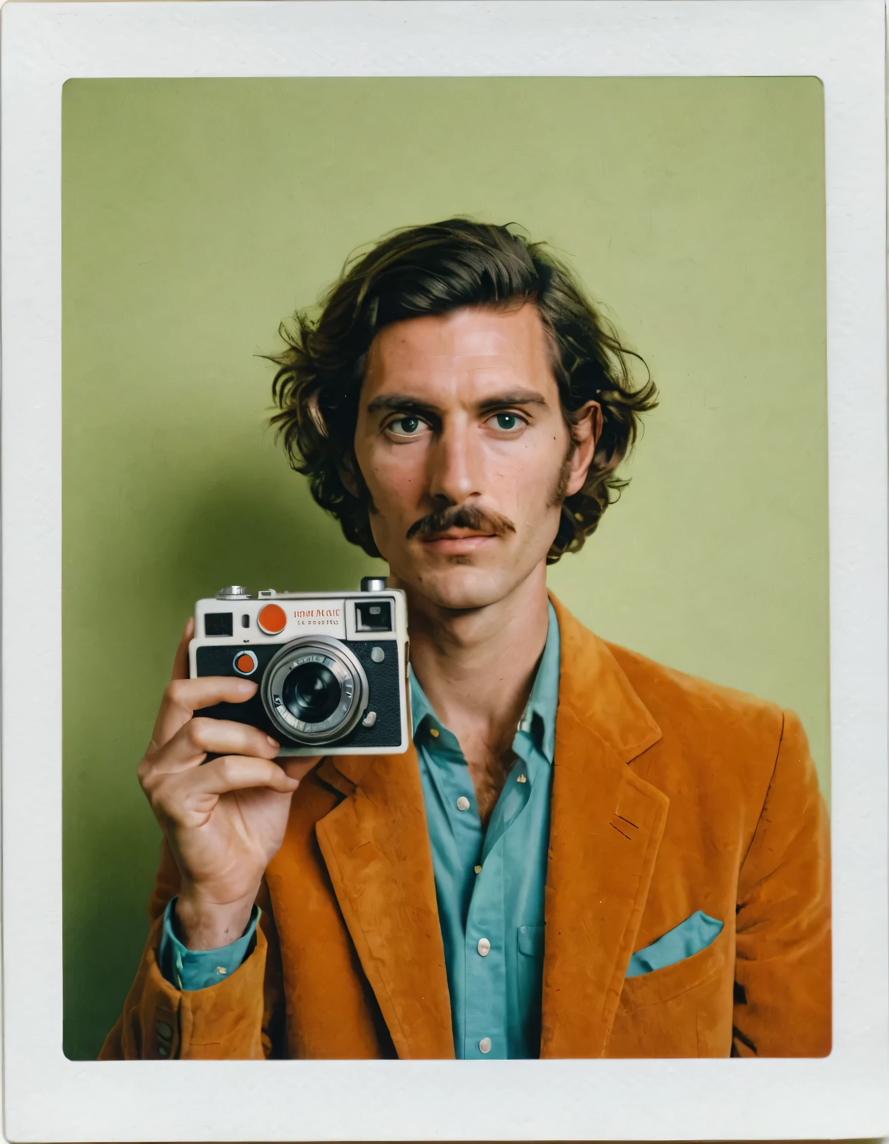 retrato de hombre con pelo corto mirando a amara en una fotografia polaroid, todo en el estilo distintivo de Wes Anderson.