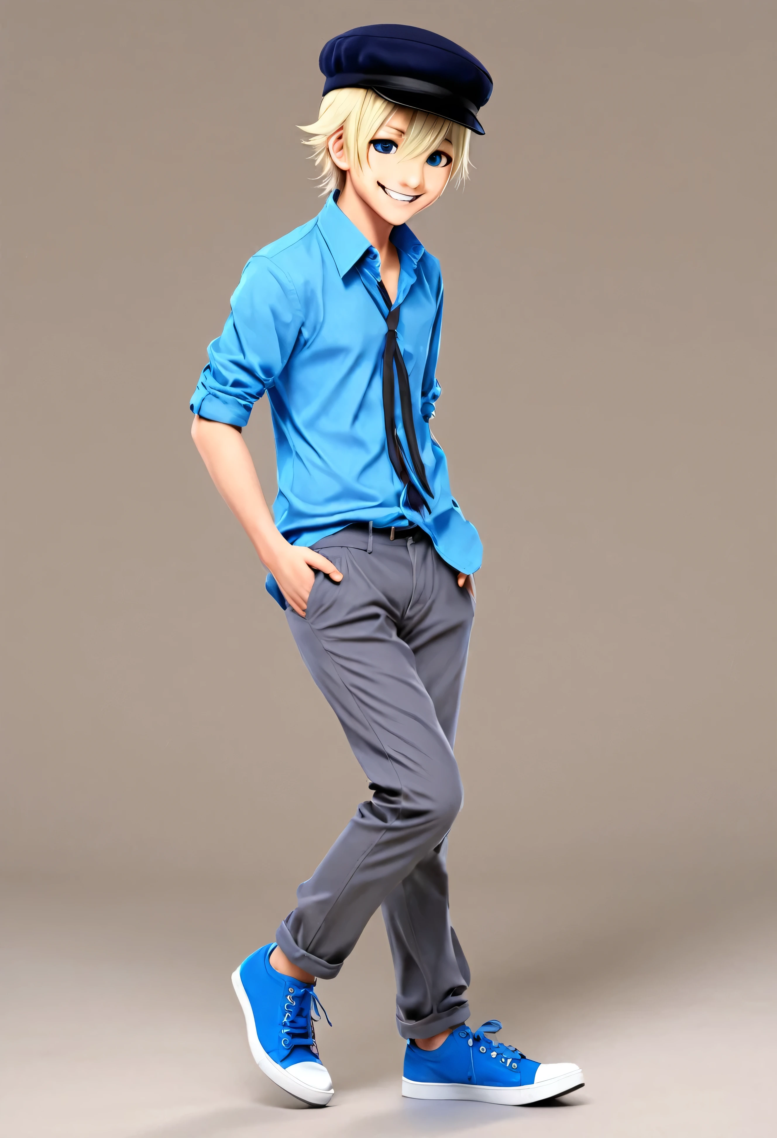 He is an anime boy, he has blue shoes, he has a blue shirt and gray pants and a bowler hat and he is blonde and has a cute smile.