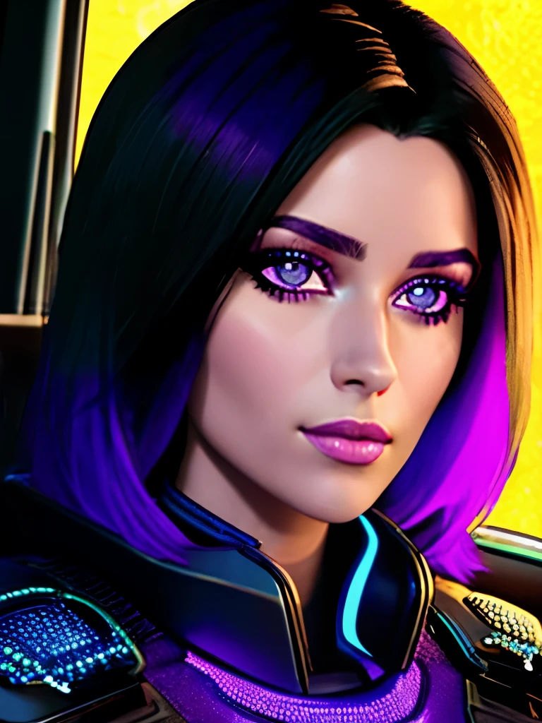 Cryptic girl with bust, black hair adorned with white and purple streaks, lean athletic slim body, sharing a peaceful, serene, and divine gaze towards the audience with her caramel-colored Shepherd Malinois by her side. The dog, with a black muzzle and cyborg-inspired appearance due to its purple streaks, showcases a striking resemblance to a high-tech companion. The high-quality, ultra-high-resolution image showcases the brilliant highlight on her lips, eyelashes, radiant face, and glowing skin, creating