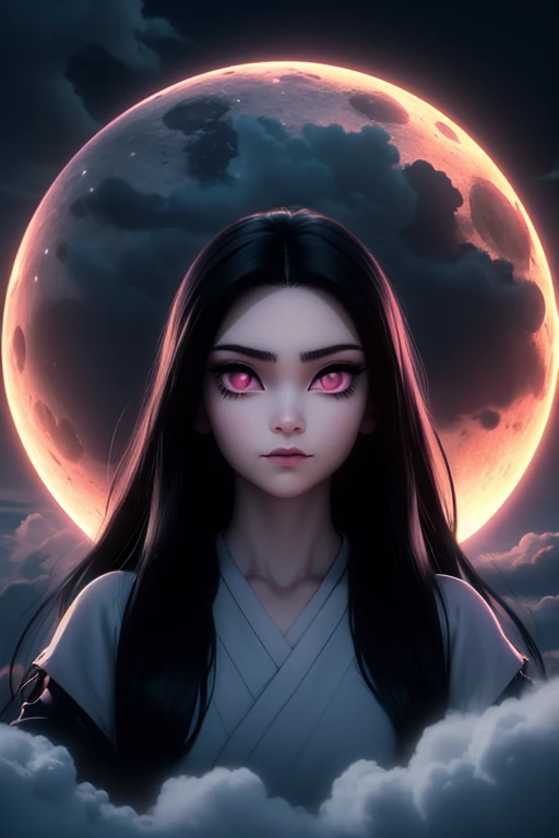 Masterpiece, Detailed, Best Quality, 8K Wallpaper, HDR, Octane Rendering. Nezuko kamado, (Long black hair, shiny hair: 1.4), (Beautiful and detailed pink eyes: 1.2), demon hunter, horror beauty, (Beautiful and detailed face with perfect symmetry), perched on a cloud, (fantasy lighting: 1.3), gaze, enchanting, captivating pose, delicate scars, otherworldly charm, mystical sky, (Luiz Royo: 1.2), (Yoshitaka mano: 1.1), moonlit night, big full moon, soft colors , (detailed cloud landscape:1.3), beautiful detailed scenery.