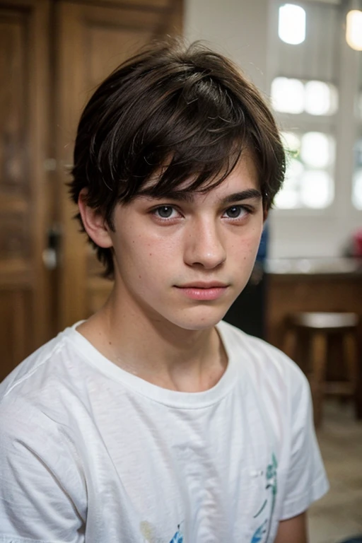 Photograph of an 18 year old boy with white skin,ojos verdes,una nariz perfilada,su cabello es color negro,usa lentes circulares,tiene una curita en la mejilla derecha y una mechon color blanco