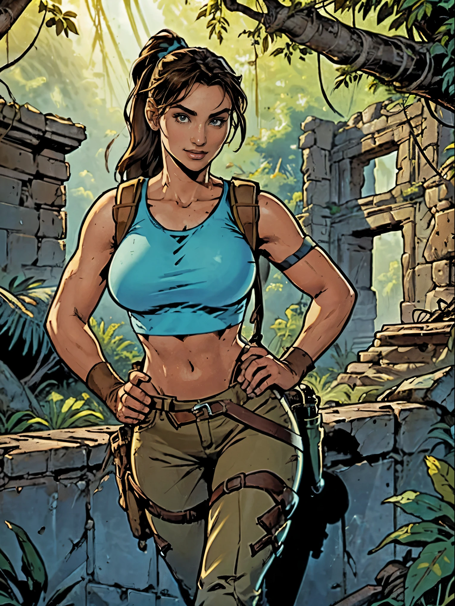 (masterpiece, top quality, best quality, official art, beautiful and aesthetic:1.2), (1girl:1.3), brown hair, ponytail, extremely detailed, portrait, looking at viewer, solo, (full body:0.6), detailed background, close up, mischievous eyes, (cool Incan ruins theme:1.1), pleasant smile, brunette, aquiline nose, green eyes, ponytail, ((gigantic breasts)), (thin), athletic, Lara Croft. Wearing a sleek light blue sleeveless top, brown shorts, boots, shoulder harness, backpack, holsters, utility belt, slim waist, slim hips, long legs, ancient (jungle ruins exterior:1.1) detailed background, bright optimistic lighting, shadows, magical atmosphere, dutch angle