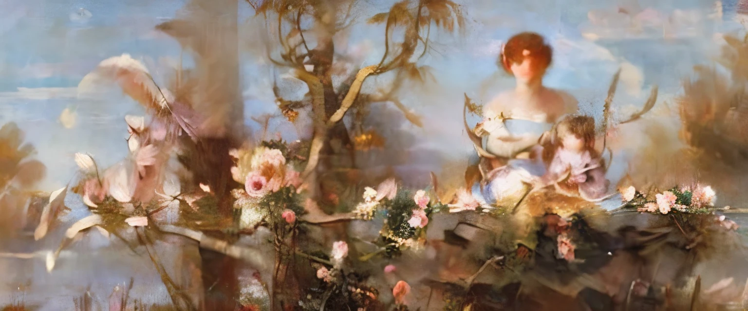 a lonely, sad, naked, dark brunette, with blue and pink feathers, with short pastel blue hair with pink and pastel feathers, sitting on her back, showing her back WITH BLUE WINGS looking at the sky in a nest of pointed spikes HURTING HER in the top of a tree high in the sky looking at the blue sky with pastel pink clouds, neoclassical style painting, oil on high quality canvas William Bouguereau style painting, classic painting, pink roses around it Neoclassical Baroque Revival