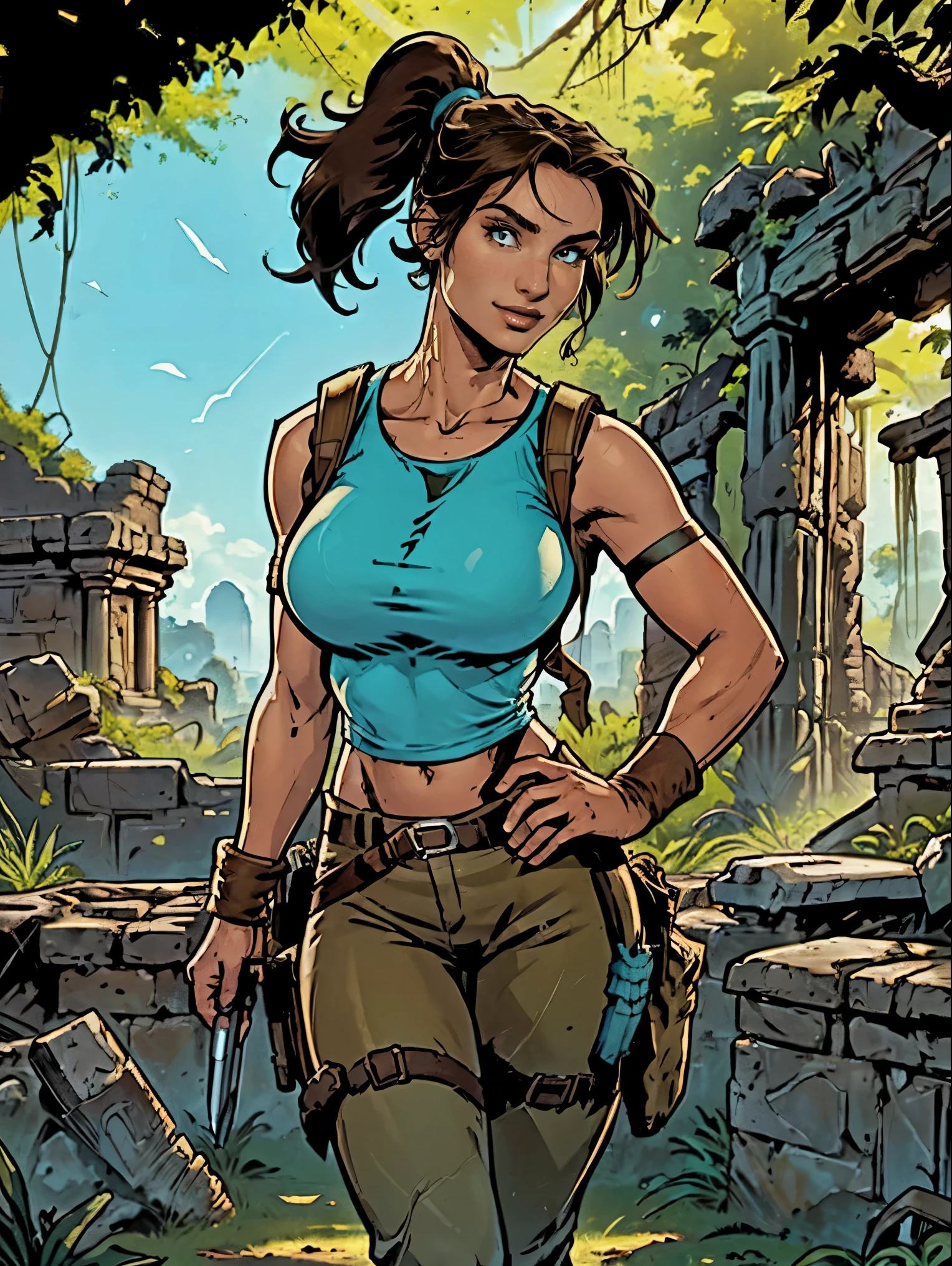 (masterpiece, top quality, best quality, official art, beautiful and aesthetic:1.2), (1girl:1.3), brown hair, ponytail, extremely detailed, portrait, looking at viewer, solo, (full body:0.6), detailed background, close up, mischievous eyes, (cool Incan ruins theme:1.1), pleasant smile, brunette, aquiline nose, green eyes, ponytail, ((gigantic breasts)), (thin), athletic, Lara Croft. Wearing a sleek light blue sleeveless top, brown shorts, boots, shoulder harness, backpack, holsters, utility belt, slim waist, slim hips, long legs, ancient (jungle ruins exterior:1.1) detailed background, bright optimistic lighting, shadows, magical atmosphere, dutch angle
